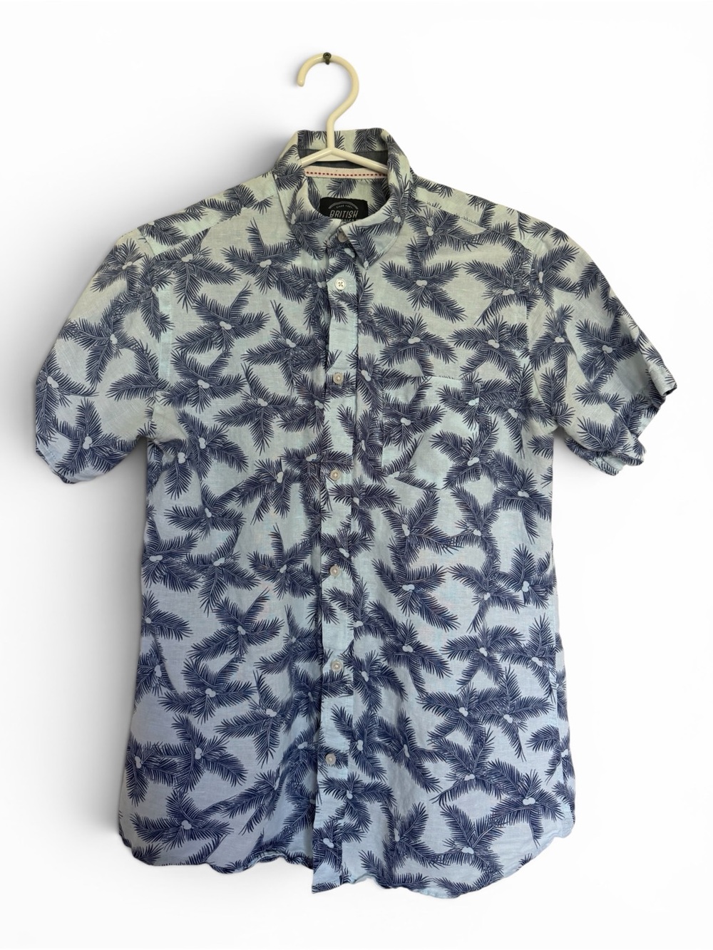British Classics Men’s Small Blue Palm Print Linen Cotton Short Sleeve Shirt